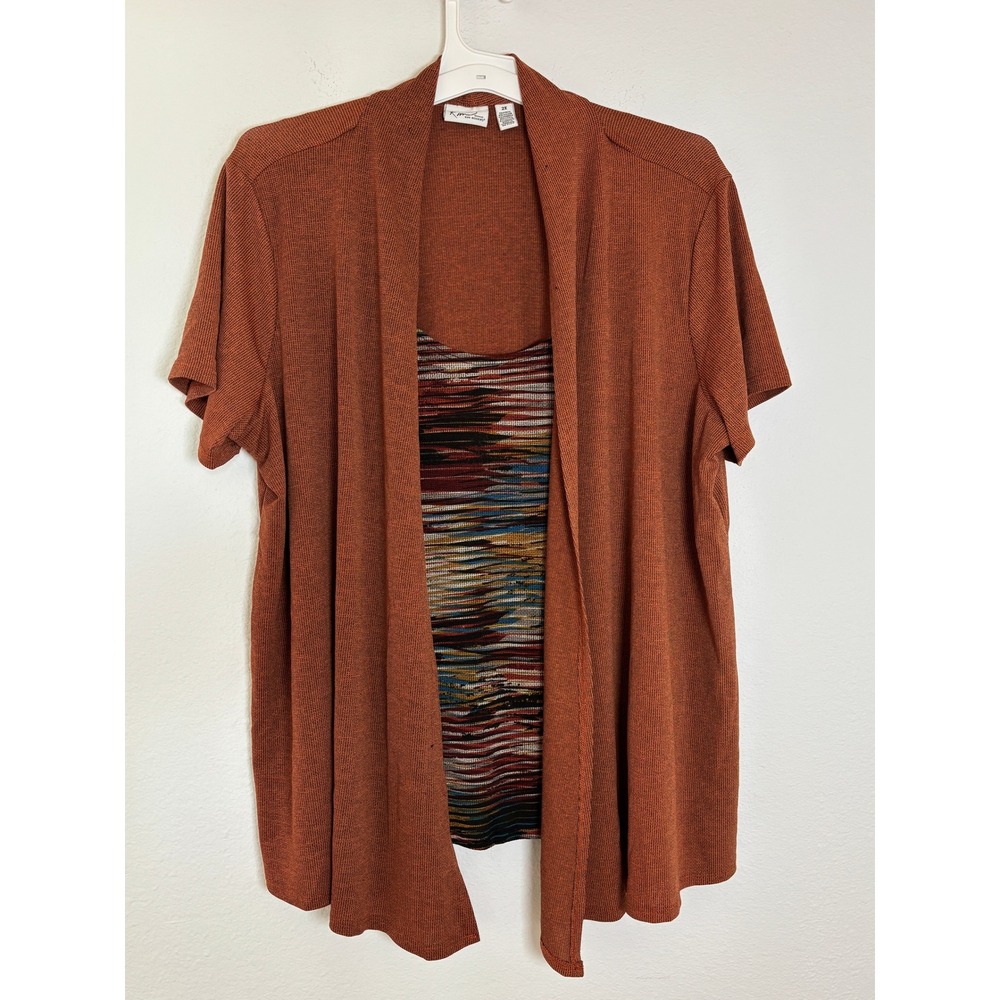 Kim Rogers Woman Rust Orange Short Sleeve Cardigan Tank Top Set 2X Ribbed Inset
